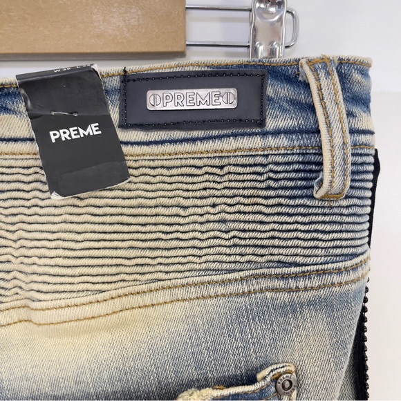 PREME Eldredge Rhinestone Stripe Denim 36x33 Light Wash Distressed Moto Jeans - Picture 11 of 16